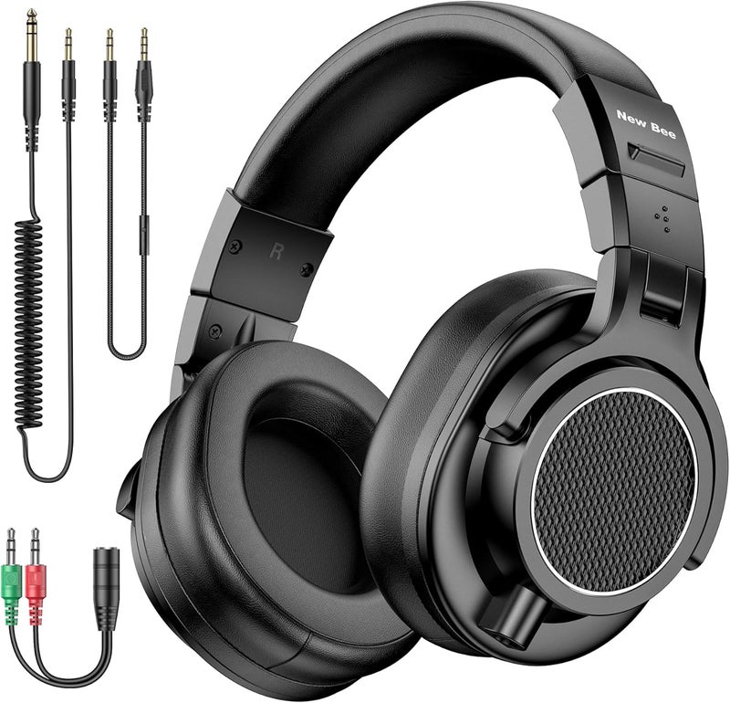 New Bee Wired Over Ear Headphones, Studio Headphones with 50mm Drivers and 6.35mm & 3.5mm Jack DJ Headphones for Studio Monitor & Mixing DJ Guitar AMP Podcast Piano Keyboard - Image 1